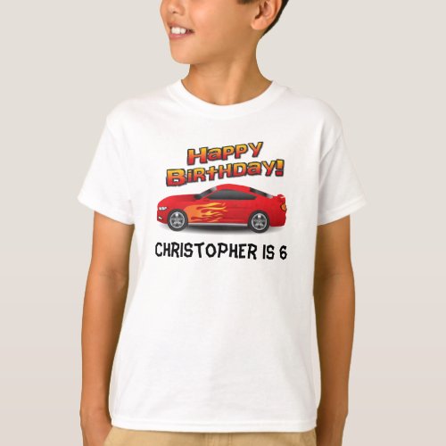 Hot Red Race Car with Flames Boys Birthday Party T_Shirt