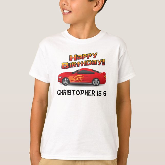 Hot Red Race Car with Flames Boy's Birthday Party T-Shirt (Front)