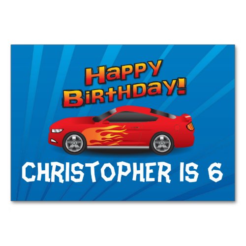 Hot Red Race Car with Flames Boys Birthday Party Table Number