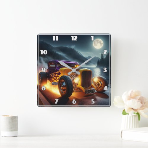 Hot rod at moonlit lake square wall clock