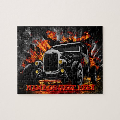 Hot Rod Burning Fire Add Name Text  Jigsaw Puzzle