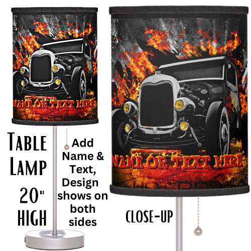 Hot Rod Burning Fire Add Name Text    Table Lamp