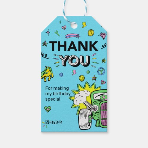 Hot Rod Car Unicorn Birthday Thank You Gift Tags