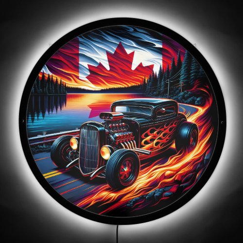 Hot rod cruising by a lake at sunset LED sign