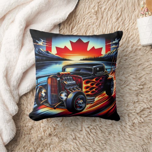 Hot rod cruising by a lake at sunset throw pillow