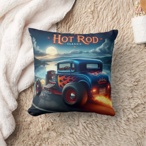 Hot rod cruising by the lakeside throw pillow