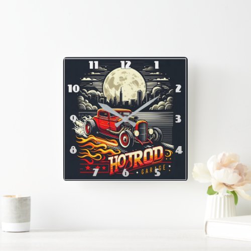 Hot rod cruising under the full moon square wall clock