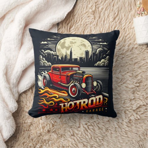 Hot rod cruising under the full moon throw pillow