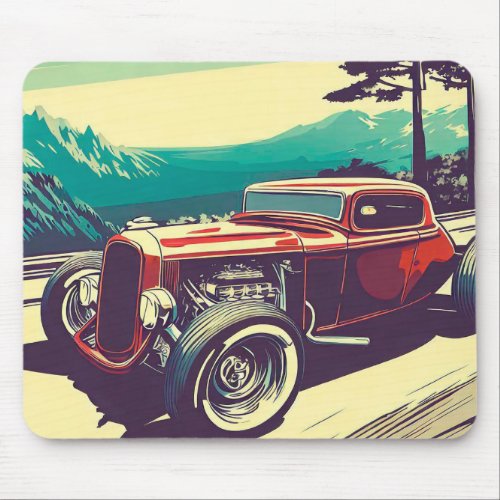 Hot rod driving in the forest vintage style mouse mouse pad