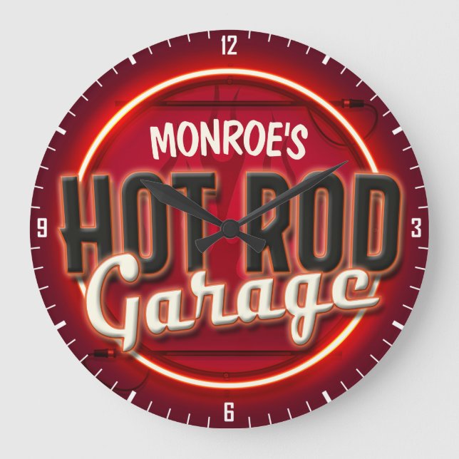 Hot Rod Flames Custom NAME Personalized Garage Large Clock (Front)