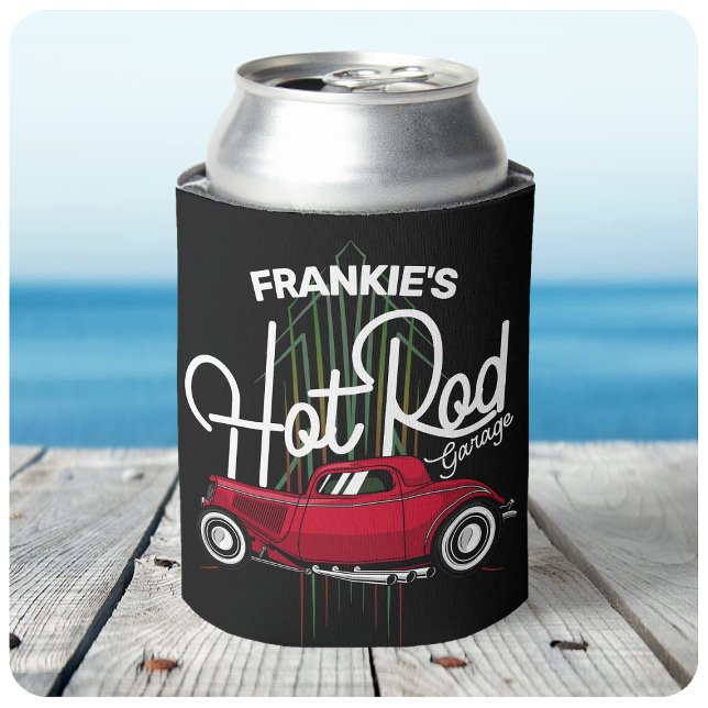 Hot Rod Garage CUSTOM NAME Deluxe Pinstripes Car Can Cooler (Creator Uploaded)