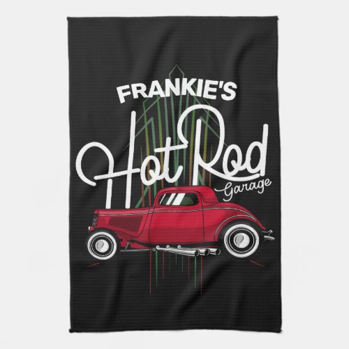 Hot Rod Garage CUSTOM NAME Deluxe Pinstripes Car Kitchen Towel
