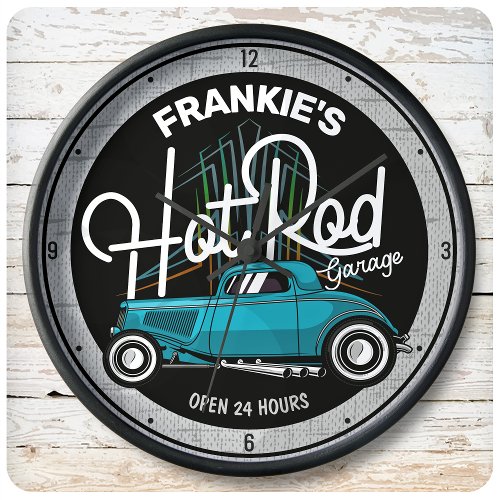 Hot Rod Garage CUSTOM NAME Deluxe Pinstripes Car Large Clock