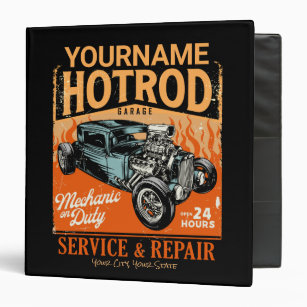 Hot Rod Garage Personalized NAME Mechanic Shop  3 Ring Binder