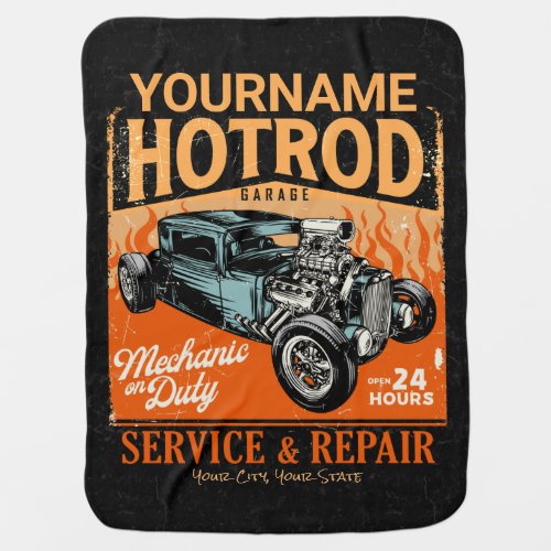 Hot Rod Garage Personalized NAME Mechanic Shop Baby Blanket
