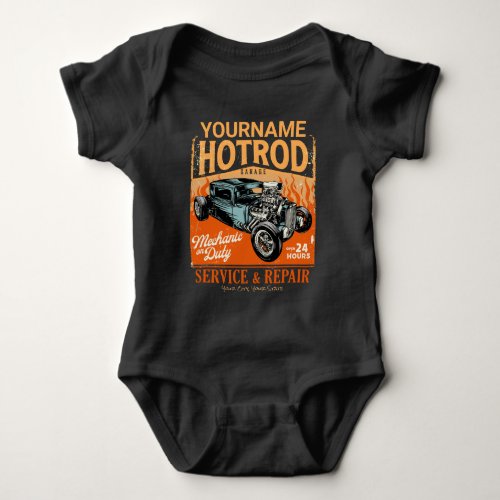 Hot Rod Garage Personalized NAME Mechanic Shop Baby Bodysuit