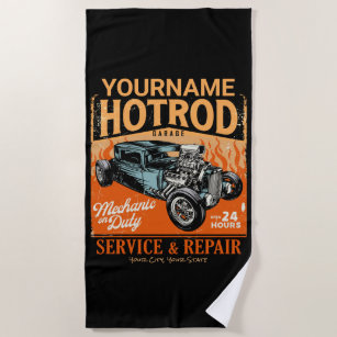 Hot Rod Garage Personalized NAME Mechanic Shop  Beach Towel