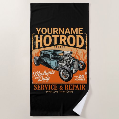 Hot Rod Garage Personalized NAME Mechanic Shop  Beach Towel