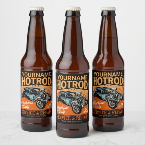 Hot Rod Garage Personalized NAME Mechanic Shop Beer Bottle Label