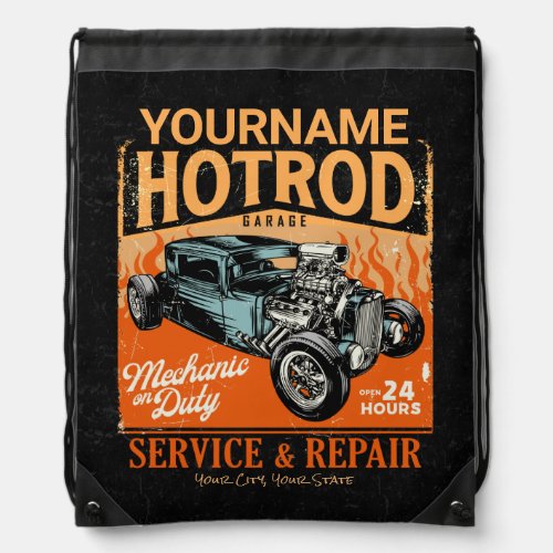 Hot Rod Garage Personalized NAME Mechanic Shop Drawstring Bag