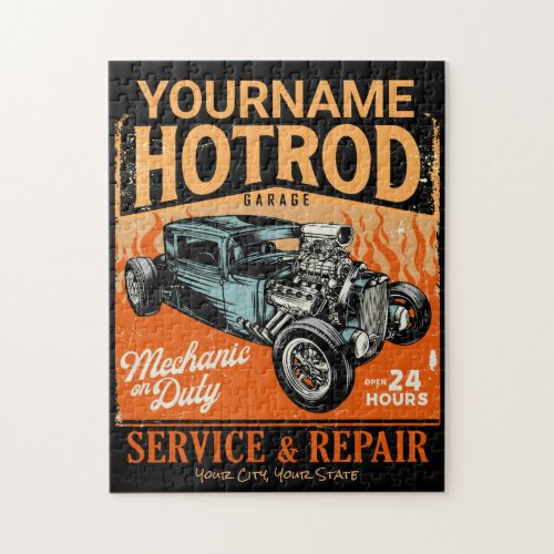 Hot Rod Garage Personalized NAME Mechanic Shop Jigsaw Puzzle