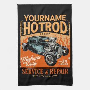 Hot Rod Garage Personalized NAME Mechanic Shop  Kitchen Towel