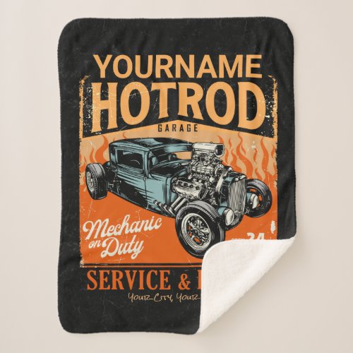 Hot Rod Garage Personalized NAME Mechanic Shop  Sherpa Blanket