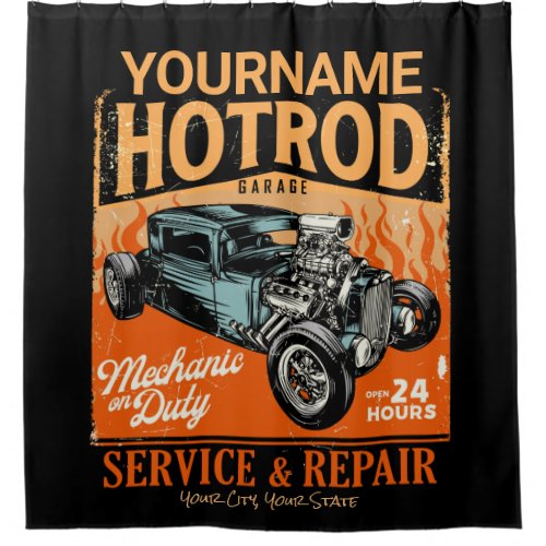 Hot Rod Garage Personalized NAME Mechanic Shop Shower Curtain