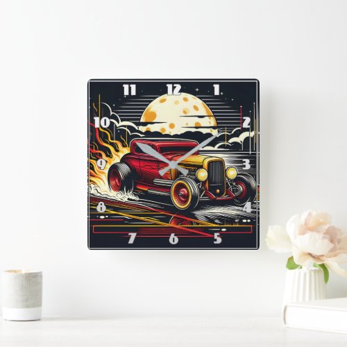 Hot rod glides beneath a moonlit sky square wall clock