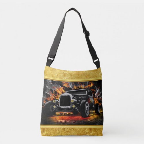 Hot Rod party fire burning old car roadster Crossbody Bag