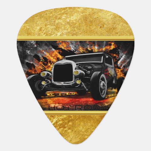 Hot Rod party fire burning old car roadster Guitar Pick