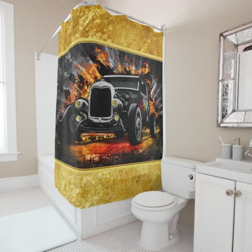 Hot Rod party fire burning old car roadster Shower Curtain