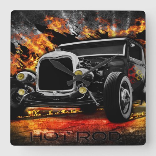 Hot Rod party fire burning old car roadster Square Wall Clock
