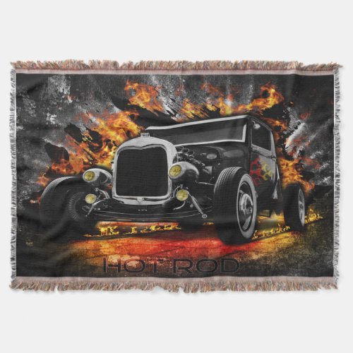 Hot Rod party fire burning old car roadster Throw Blanket