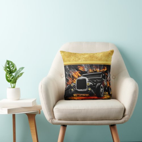 Hot Rod party fire burning old car roadster Throw Pillow