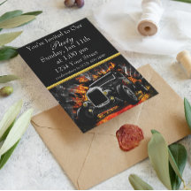 Hot Rod party fire invite with gold foil stripe