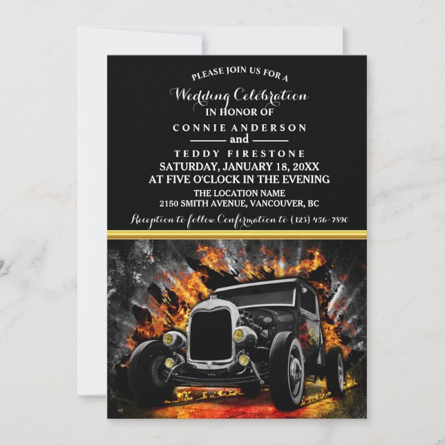 Hot Rod party fire wedding invitation (Front)