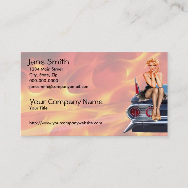 Hot Rod Pinup Girl with Flames Business Card (Front)