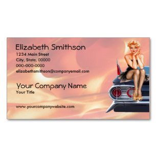 Hot Rod Pinup Girl with Flames Magnetic Business Card
