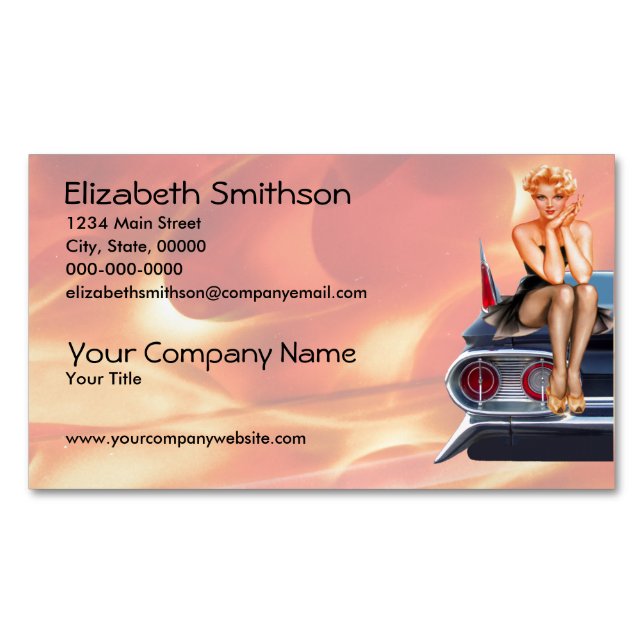 Hot Rod Pinup Girl with Flames Magnetic Business Card (Front)