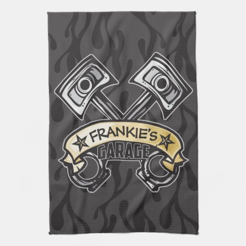 Hot Rod Pistons Ghost Flames Custom NAME Garage Kitchen Towel