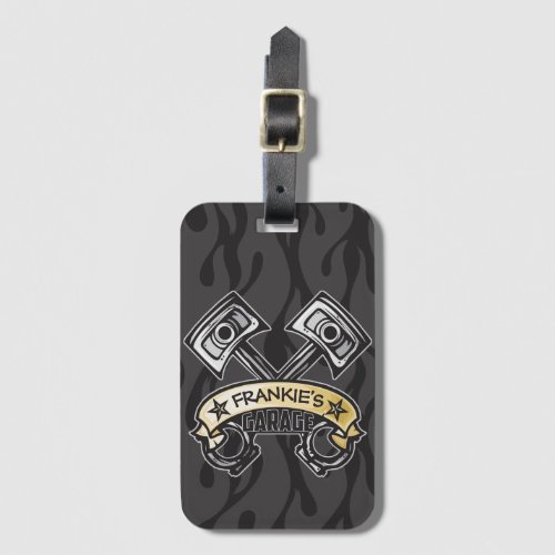 Hot Rod Pistons Ghost Flames Custom NAME Garage Luggage Tag