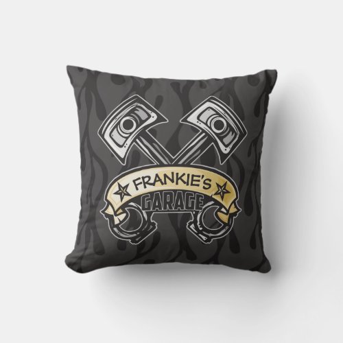 Hot Rod Pistons Ghost Flames Custom NAME Garage Throw Pillow