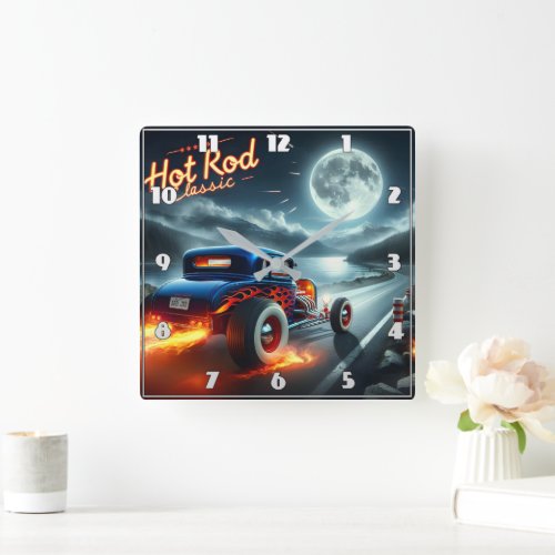 Hot rod racing by a moonlit lake square wall clock