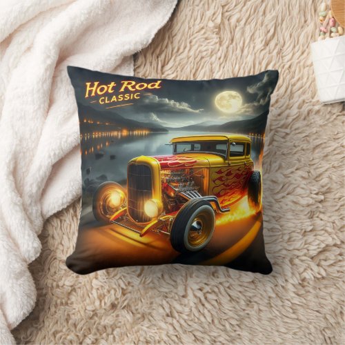 Hot rod racing by the moonlit lake throw pillow