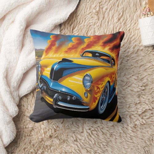 Hot rod racing down a fiery sunset highway throw pillow