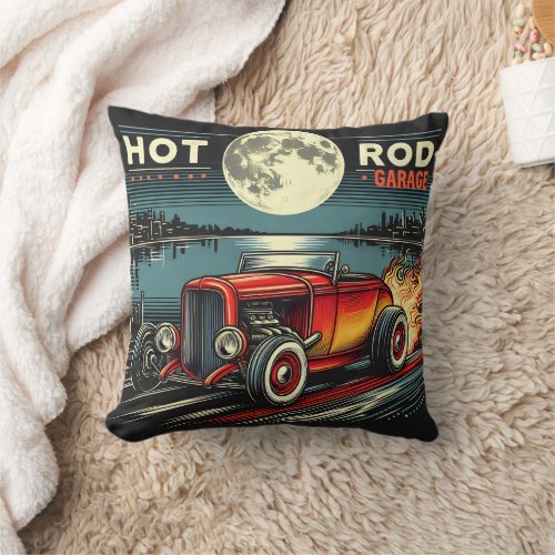 Hot rod racing in a night garage throw pillow