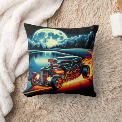 Hot rod racing through a moonlit lakeside road throw pillow