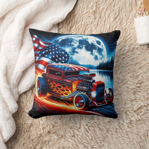 Hot rod racing under a full moon  American flag Throw Pillow