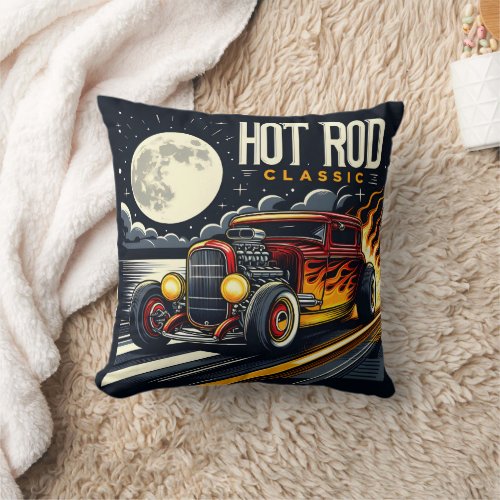 Hot rod racing under the full moon throw pillow